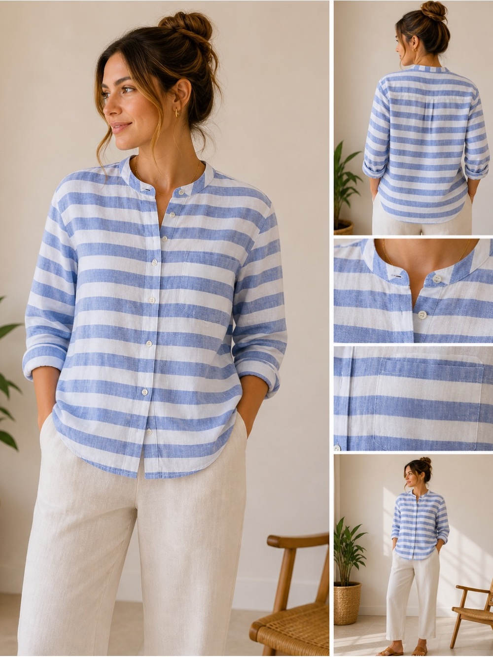 Striped Blue and White Button-Up Women's Top 100% organic cotton